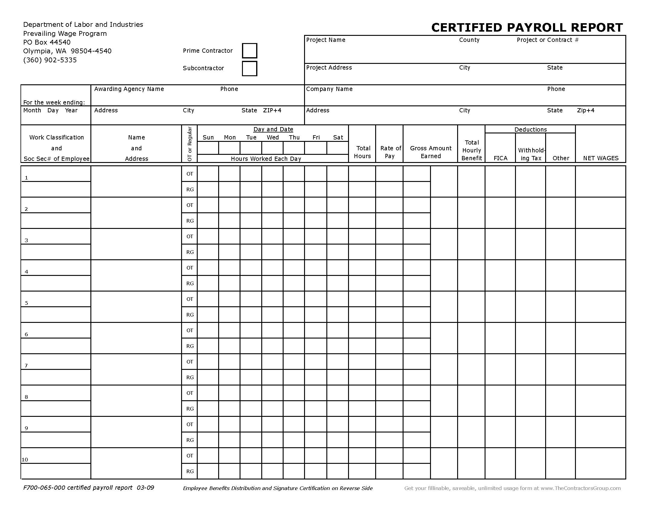 Image of F700-065-000 Washington Certified Payroll Report Form - Excel version does your calculations for you! Click Here!
