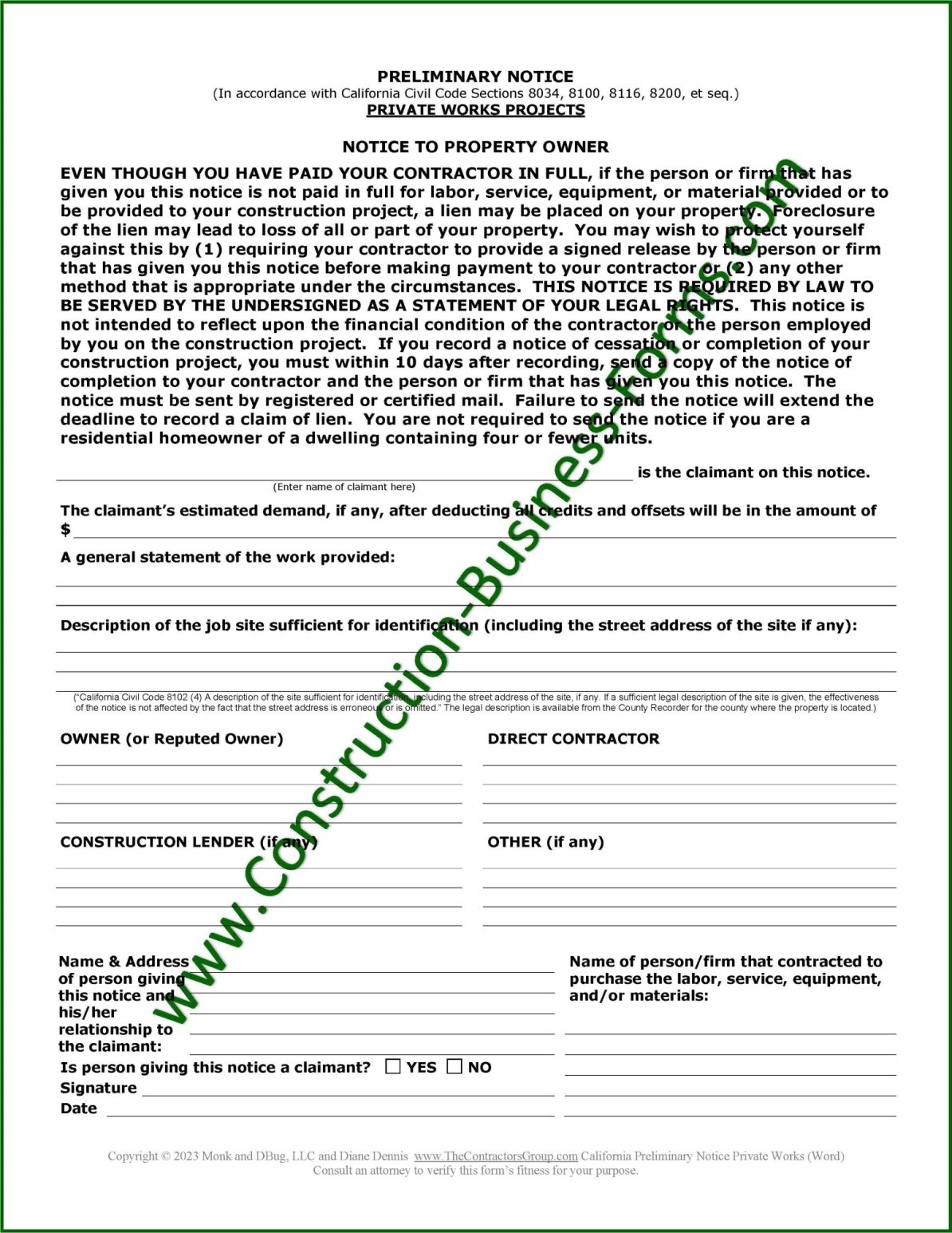 Image of, and link to, California 20-Day Preliminary Notice form