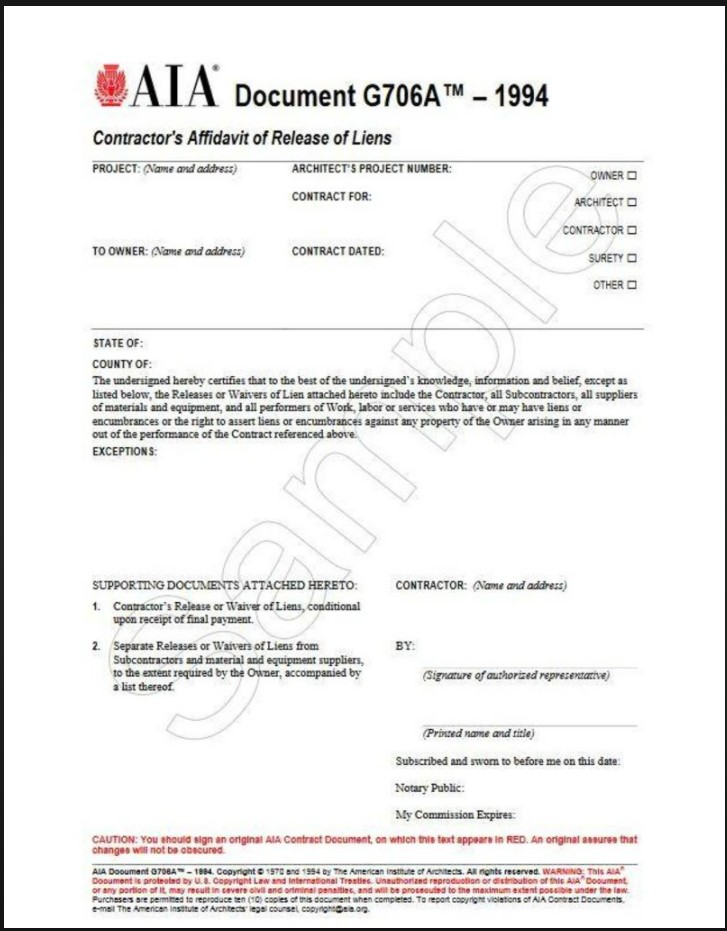 AIA G706A Contractor's Affidavit of Release of Liens