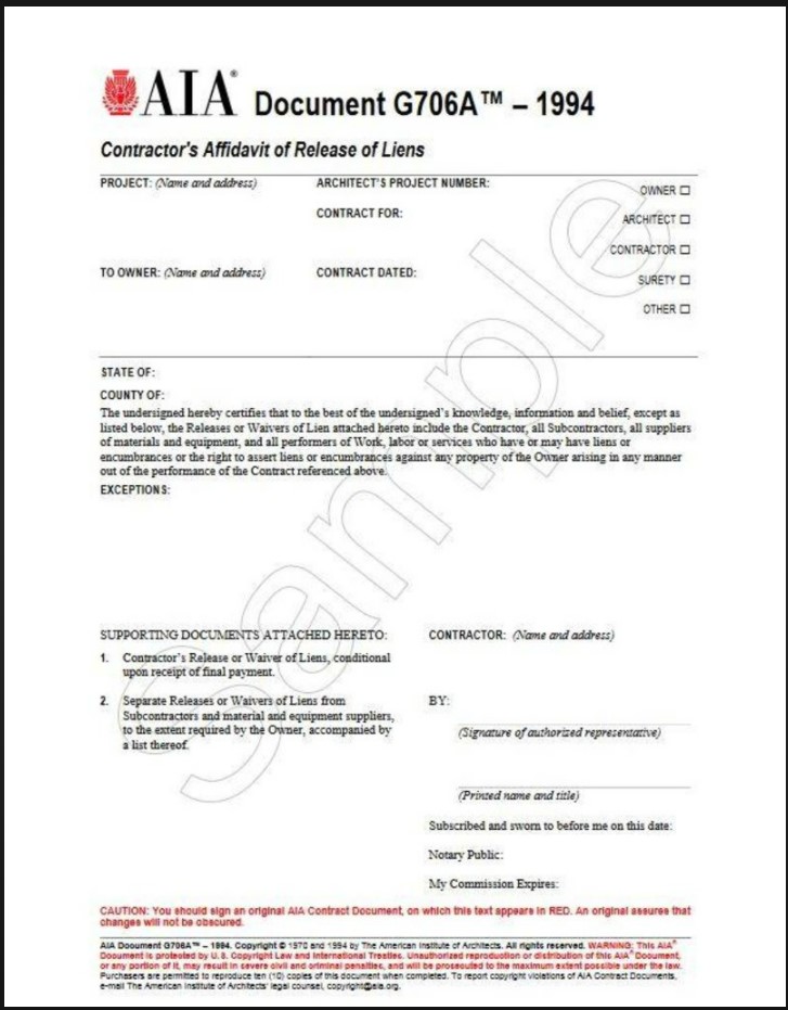 Aia Forms G706a Contractor S Affidavit Of Release Of Liens