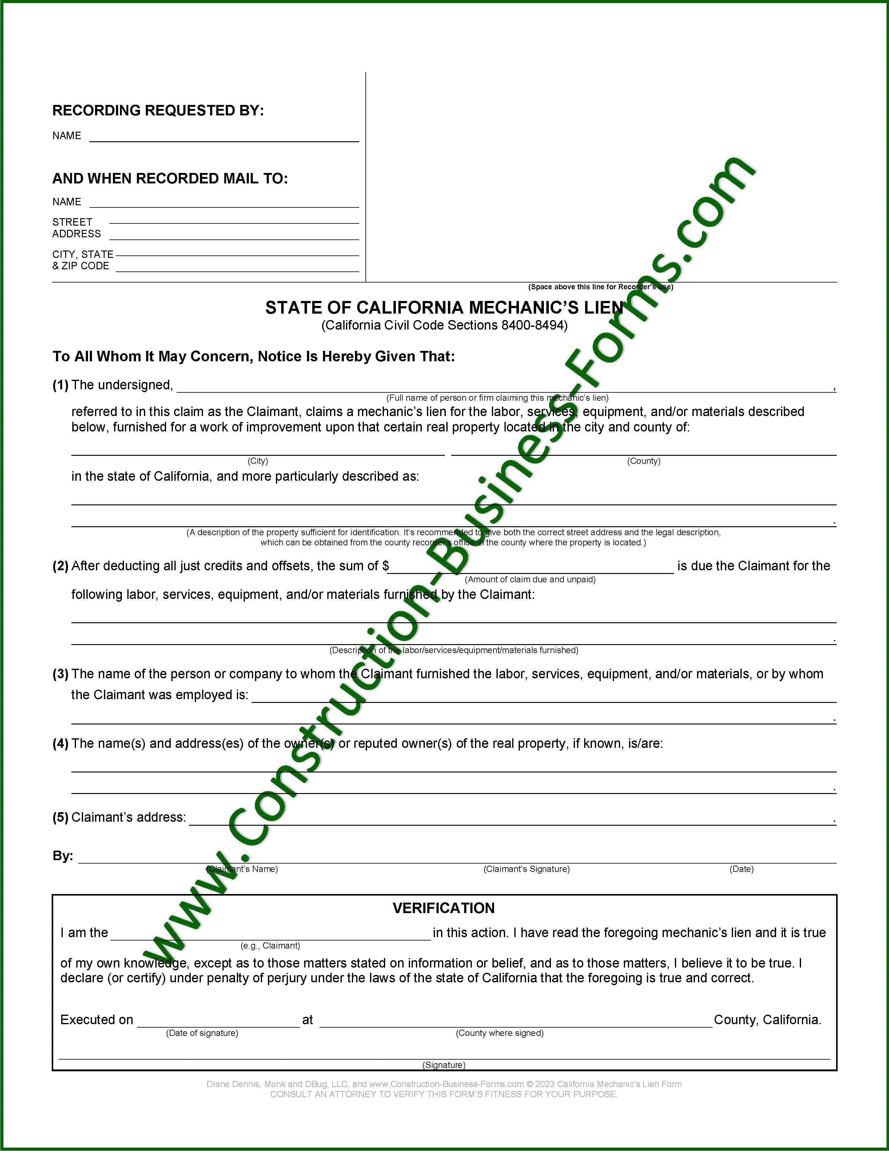 Clickable image of California Mechanic's Lien Form