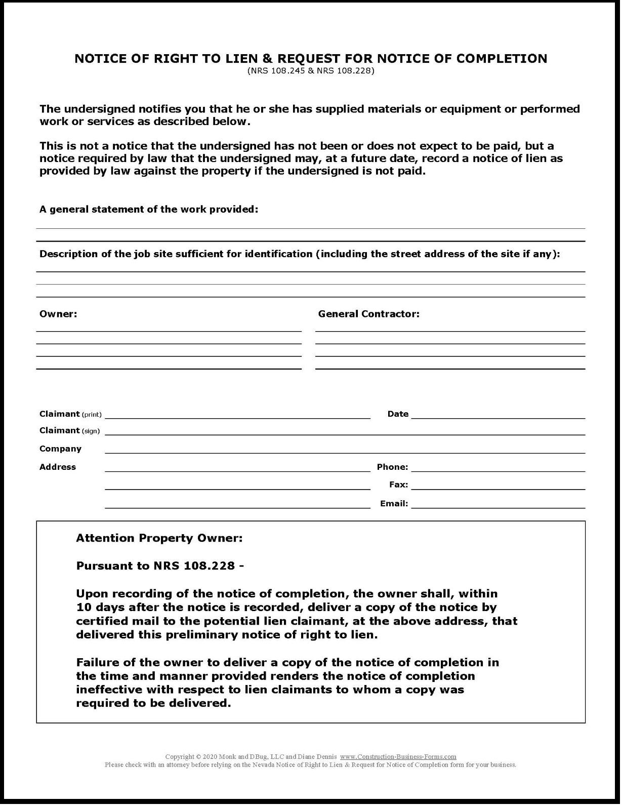 Image of, and link to, Nevada Notice of Right to Lien and Request for Notice of Completion.