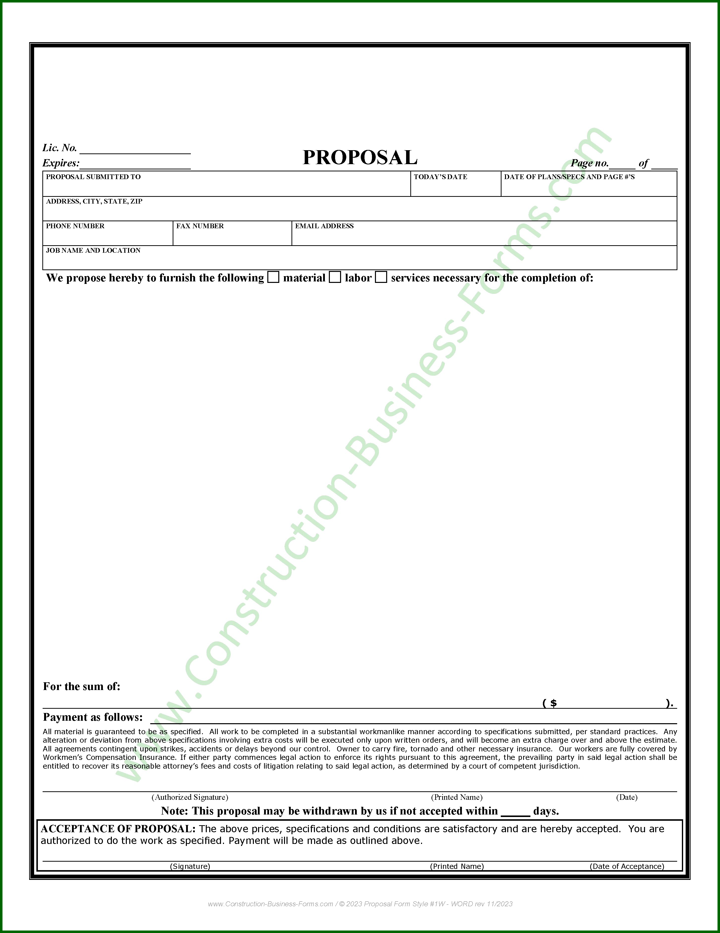 Image of, and link to, a bid proposal template to bid construction jobs.
