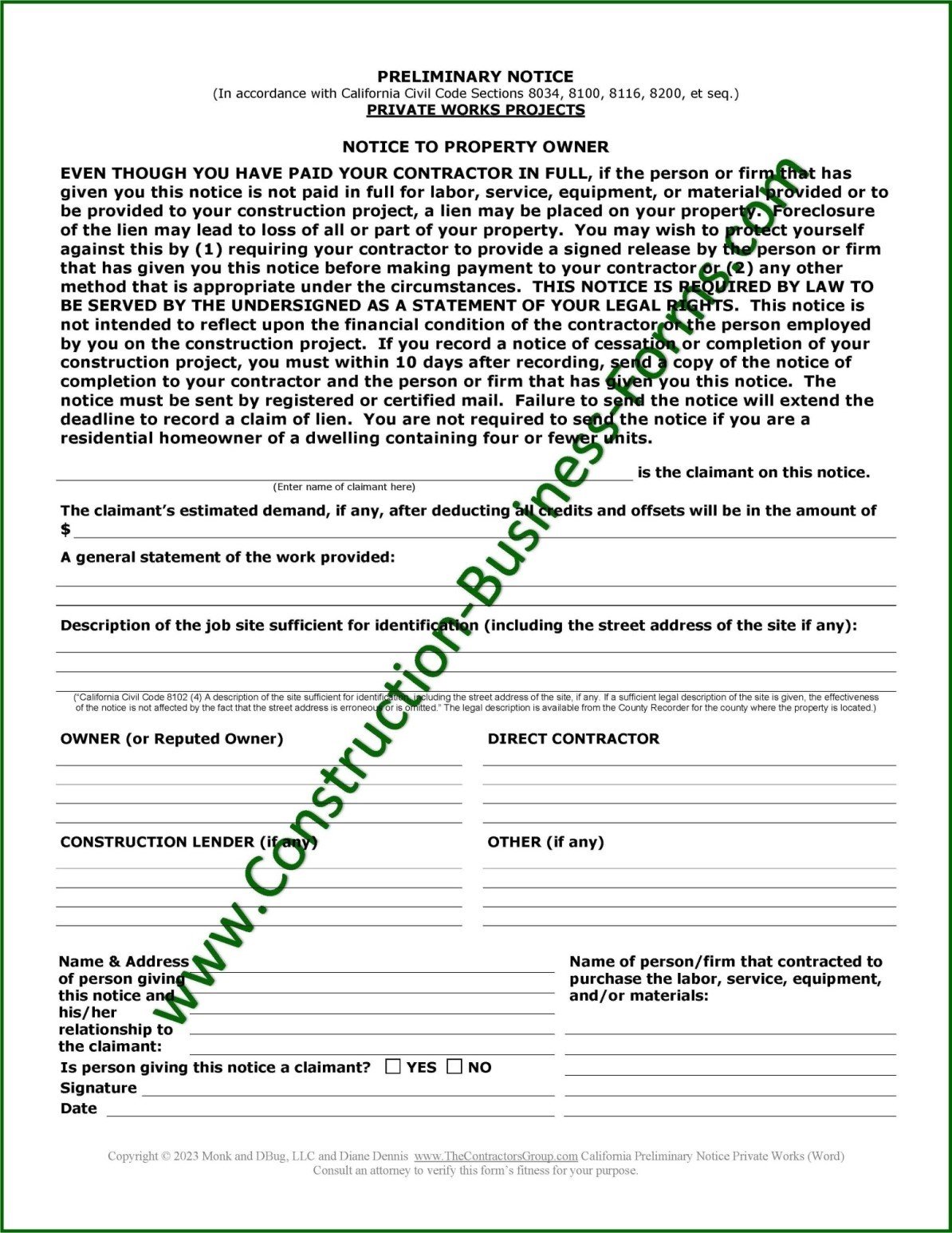 Image of Preliminary Lien Notice Form