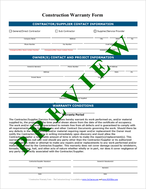 Image of Construction Warranty Form