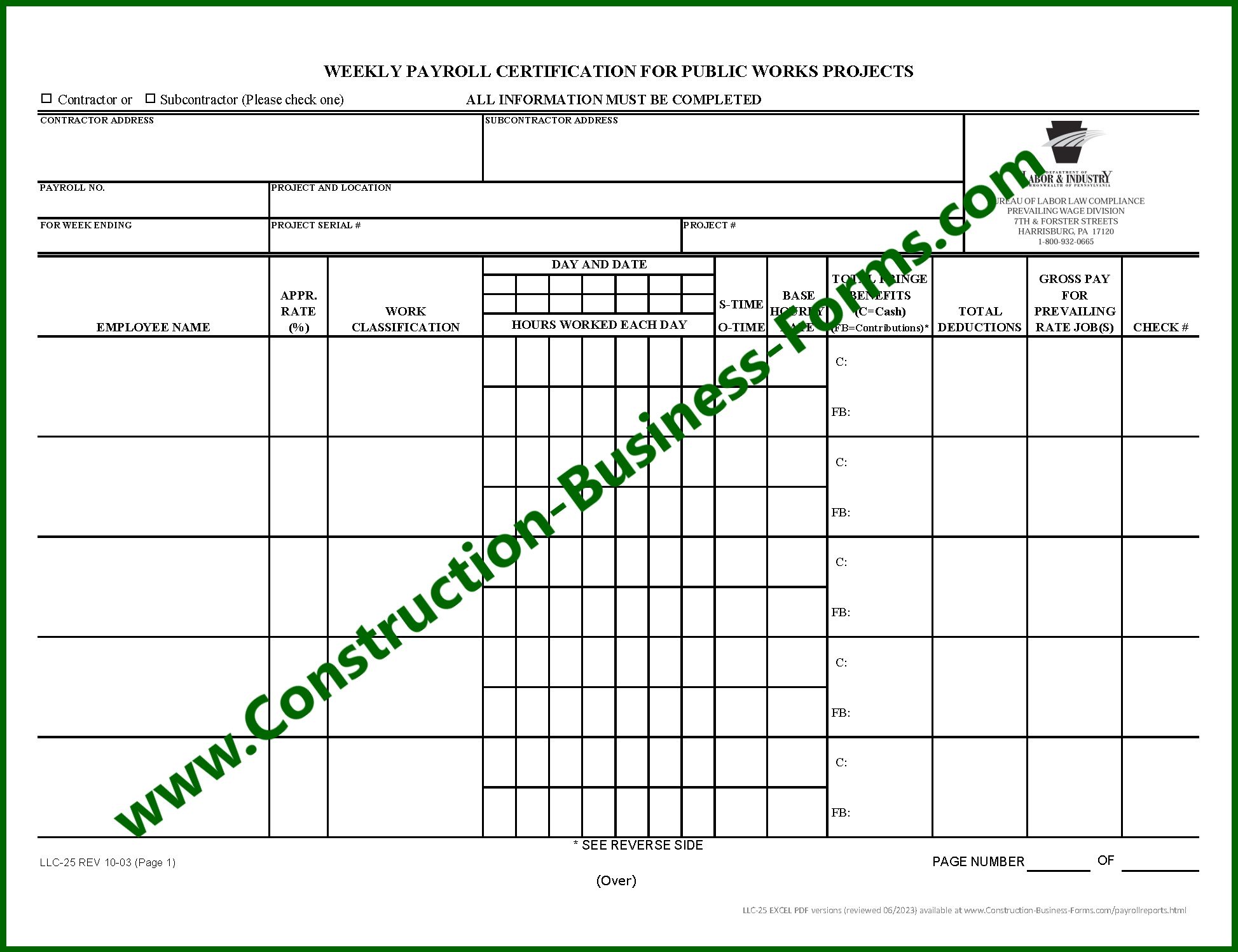 Image of LLC-25 Form Weekly Payroll Certification for Public Works Projects
