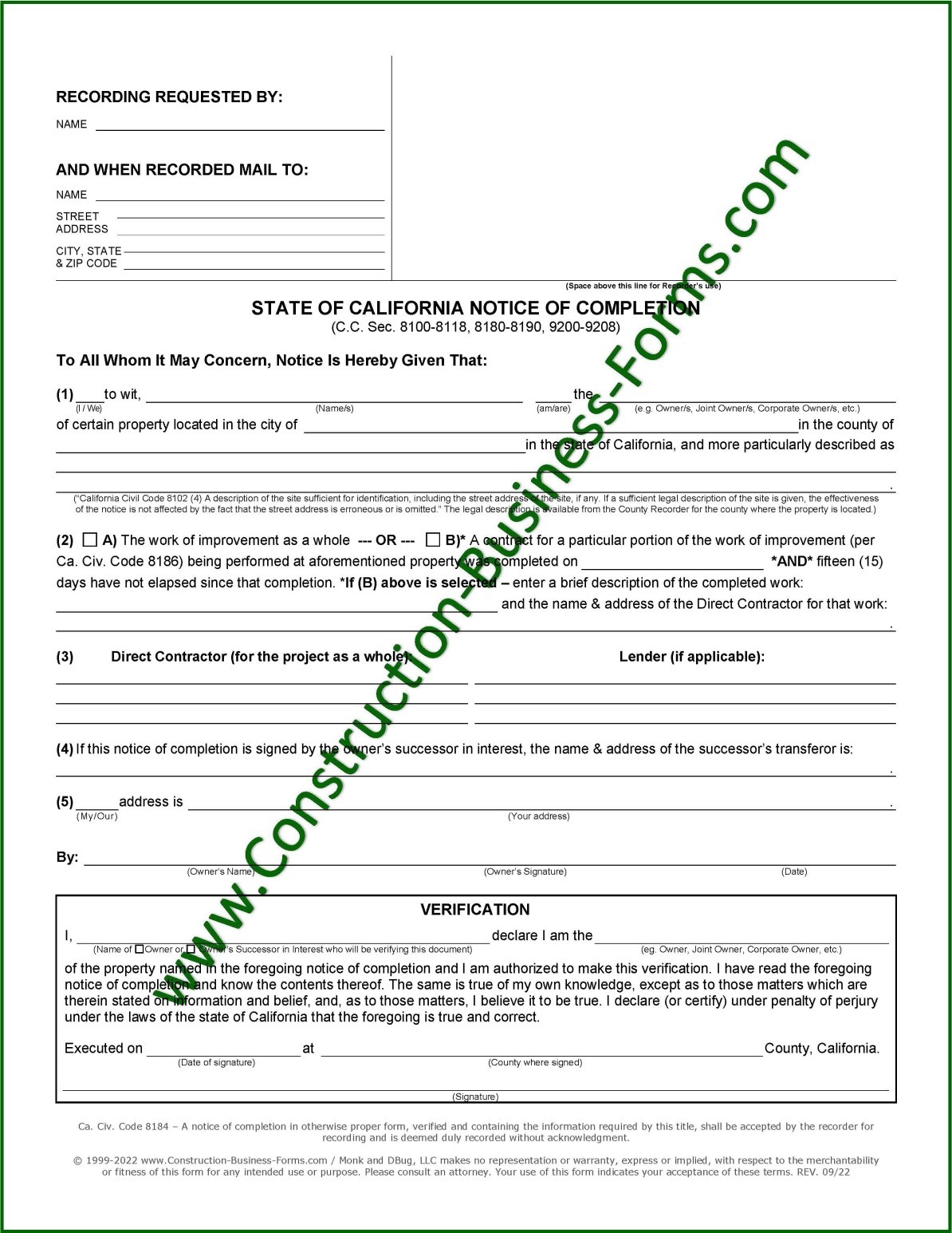California Notice of Completion Form