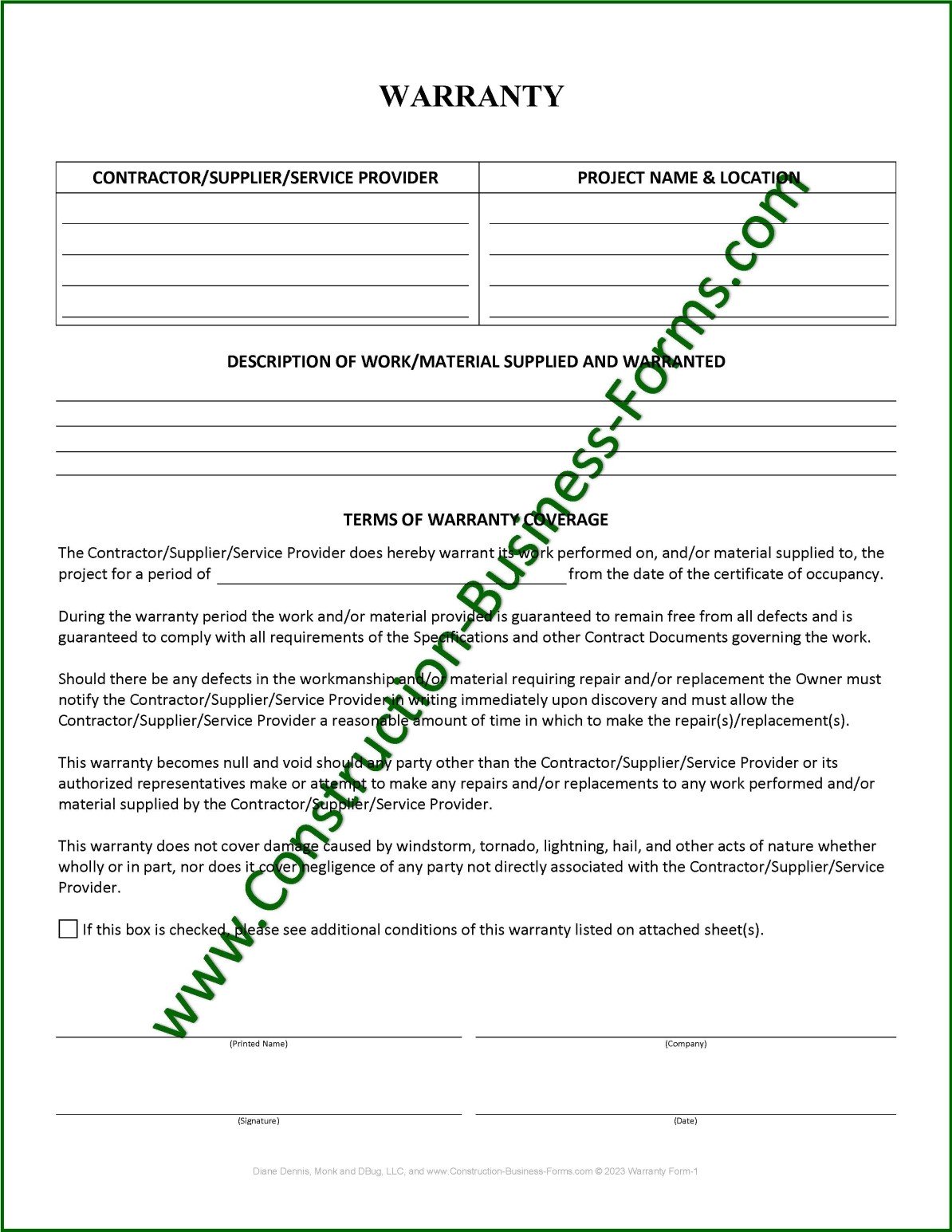 Image of Construction Warranty Form