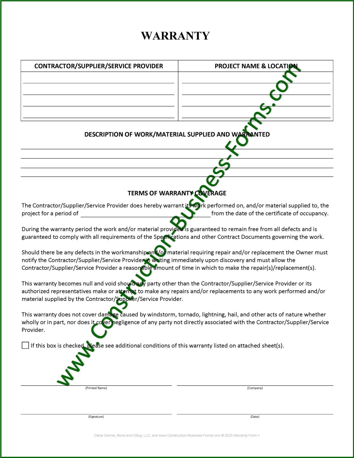 Image of Warranty Form